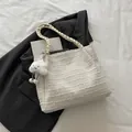 Chic beige woven tote bag with braided handles and a plush cloud charm decoration - White (With Cloud Charm)