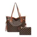 Retro schoudertas met ruitpatroon, bloemenprint en bijpassende kleine tas - Bruin