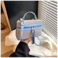 Blue and beige patchwork leather box bag with long tassel zippers and silver hardware - Blue