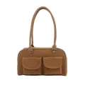Brown faux suede underarm tote bag with front pockets and large capacity retro design - Khaki