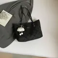 Black quilted tote bag with diamond texture and cute plush cloud charm for women - With Pendant / Black