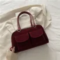 Borsa a spalla vintage in pelle scamosciata bordeaux con doppie tasche frontali capiente - Rosso