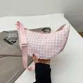 Pink and white checkered hobo shoulder bag with colorful star prints and wide pink strap - No Pendant / Pink