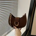 Retro brown suede crescent shoulder bag with golden D-ring buckle and chain strap - Coffee