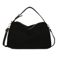 Elegant large capacity black suede tote bag with golden zipper and adjustable strap - Black