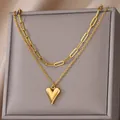 Detail of double-layer stainless steel necklace with heart pendant and paperclip chain - Double Layer Paperclip Chain Solid Heart Style (N05739G) / Gold