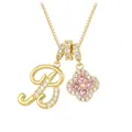 Detail of gold B letter and pink clover charms with micro-paved zircons on chain - Letter B / Gold