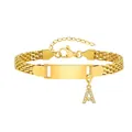 Golden 8mm mesh chain bracelet with customizable curved plate and crystal letter A pendant - Gold-A