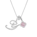 Macro detail of silver letter E pendant and pink clover flower with cubic zirconia - Silver Letter Y Style
