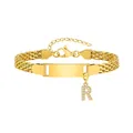 Gold 8mm mesh chain bracelet with engraved metal bar and crystal R letter pendant - Gold-R