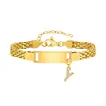 Gold stainless steel mesh chain bracelet with engraved plate and crystal Y letter charm - Gold-Y