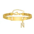 Gold-plated mesh chain bracelet with rectangle plate and letter N zircon pendant - Gold-N