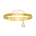 Goldenes Gliederkette-Armband mit Gravurplatte und Kristall-Buchstabe Q Anhänger - Stahlfarben-Q