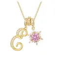 Detail of gold box chain necklace with letter E and pink zircon snowflake charms - Letter E Style