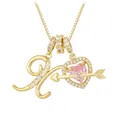 Macro detail of gold letter K and pink heart zircon pendant with Cupid's arrow on box chain - Letter X / Gold