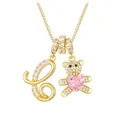 Detail of gold teddy bear pendant with pink heart and crystal letter L on a chain - Letter C / Gold