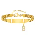 Goldenes 8mm Mesh-Kettenarmband mit ID-Platte und Zirkonia-Buchstabe B Anhänger - Stahlfarben-B