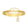 Goldenes Edelstahl-Gliederkette-Armband mit Buchstabe E Anhänger und Gravurplatte - Stahlfarben-E