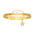 Goldenes Gliederketten-Armband mit Gravurplatte und Kristallanhänger mit Buchstabe W - Stahlfarben-W