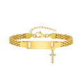 Goldenes Gliederkette-Armband aus Edelstahl mit Gravurplatte und Kreuzanhänger - Stahlfarben-T
