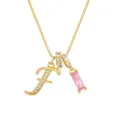 Collar de cadena dorada con colgante letra F y dije de piedra de circonia rosa rectangular - Letra F