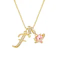 Collar de cadena dorada con colgante de letra F y dije de circón de corazón rosa - Letra F