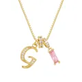 Collar dorado con colgante de letra G en circonitas blancas y una piedra rosa rectangular - Letra G