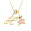 Golden necklace with letter K and bear pendant featuring a pink heart-shaped crystal - Letter H / Gold