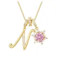 Letter N pendant necklace in gold finish with pink flower and sparkling zircons - Letter N Style