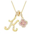 Gold box chain necklace with pink zircon clover and sparkling letter K pendant - Gold Letter K Style