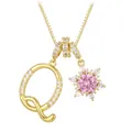 Elegant gold-plated square link chain necklace with pink floral and letter Q pendants - Letter Q Style