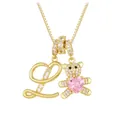 Gold pendant necklace featuring letter L and zircon bear with pink heart jewel - Letter L / Gold