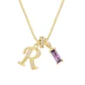 Collana dorata con ciondolo lettera R in zircone e una gemma viola rettangolare lucida - Oro (R)