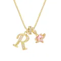Collar con colgante de corazón rosa y letra R en oro con piedras de circón brillantes - Letra R