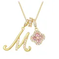 Gold box chain necklace with letter M pendant and pink zircon clover charm - Gold Letter M Style