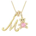 Golden necklace with letter M and bear pendant featuring a pink heart and crystals - Letter M / Gold