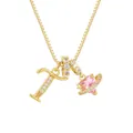 Collar dorado con colgante de corazón rosa y letra T con pavé de circonitas - Letra T