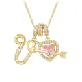 Golden heart necklace with pink zircon stone and arrow pendant in a minimalist design - Letter V / Gold