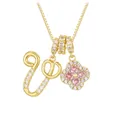 Gold clover necklace with pink zircon clover and micro-paved letter U pendant charm - Gold Letter V Style