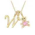 Gold-tone necklace with zircon-studded letter W and cute bear holding a pink heart - Letter W / Gold