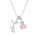 Silver bear necklace with letter J pendant and pink heart zircon stone detail - Letter I / Silver