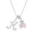 Silver letter K necklace with sparkling pavé bear and pink heart zircon pendant - Letter K / Silver