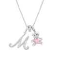 Letter M teddy bear pendant necklace with pink heart zircon and silver chain - Letter M / Silver
