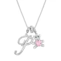 Silver bear necklace with letter P pendant and pink heart cubic zirconia stone - Letter P / Silver