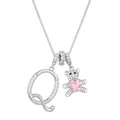 Silver alphabet Q bear necklace with pink heart zircon and clear crystal pavé - Letter Q / Silver