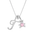 Silver alphabet T teddy bear necklace featuring a pink heart-shaped crystal stone - Letter T / Silver