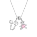 Letter V teddy bear necklace with pink heart-shaped zircon and silver box chain - Letter V / Silver