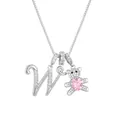 Silver bear necklace with letter W pendant and pink heart zircon stone detail - Letter W / Silver