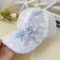 Close-up of mesh lace baseball cap with floral embroidery and pearl embellishments - Adult Size (58cm Adjustable) / White Double Small Flower