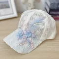 Detail of delicate 3D floral embroidery and pearls on the mesh lace baseball cap - Adult Size (58cm Adjustable) / Beige Double Small Flower